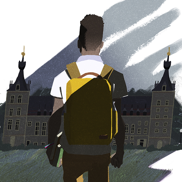 Cropped image of a stdent with a yellow backpack walking towards an ominous building