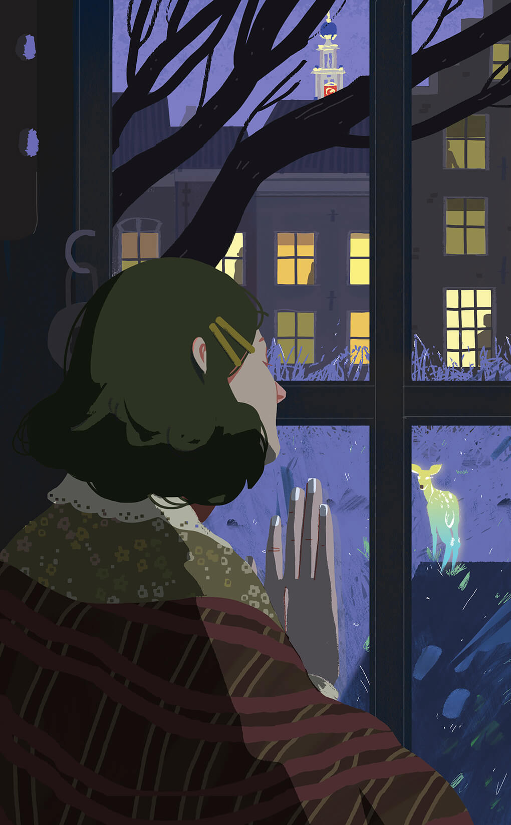 Anne at the windowof her hiding place in the night, imagines a deer in the garden