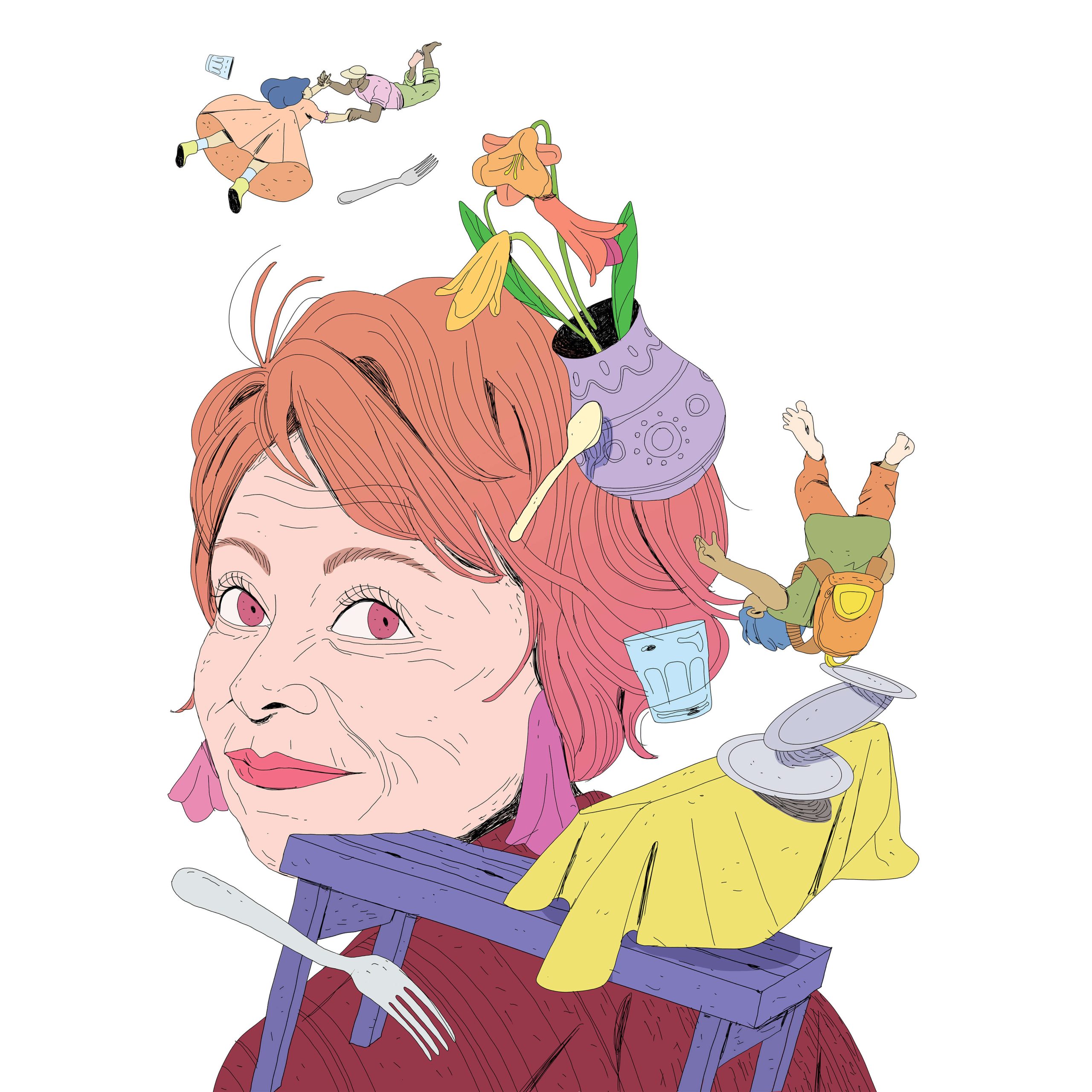 A portrait of writer Isabel Allende looking over her shoulder, with elements and characters from her books floating around her