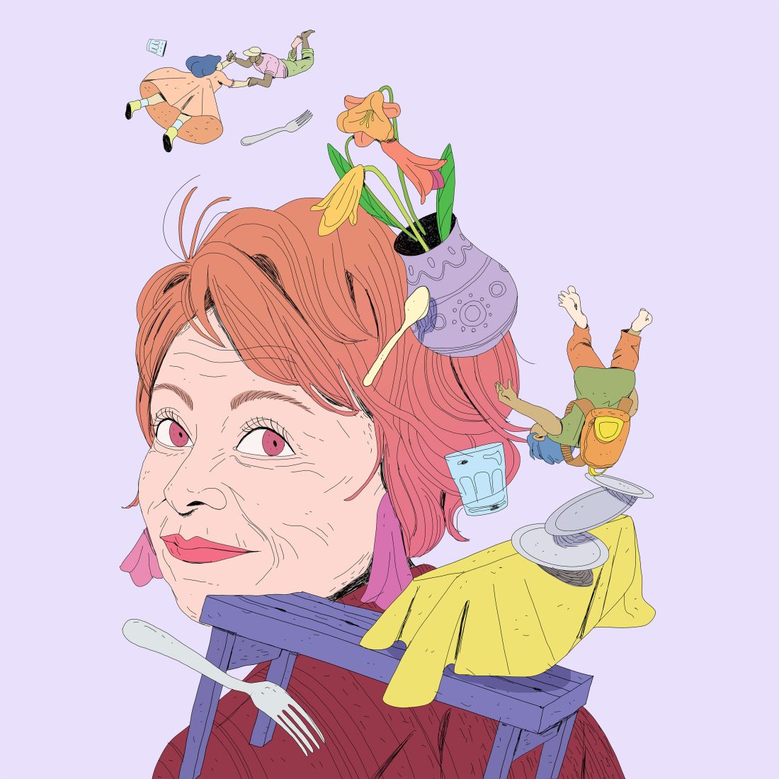 A portrait of Isabel Allende, with elements and characters from her books flying around her in a surreal way