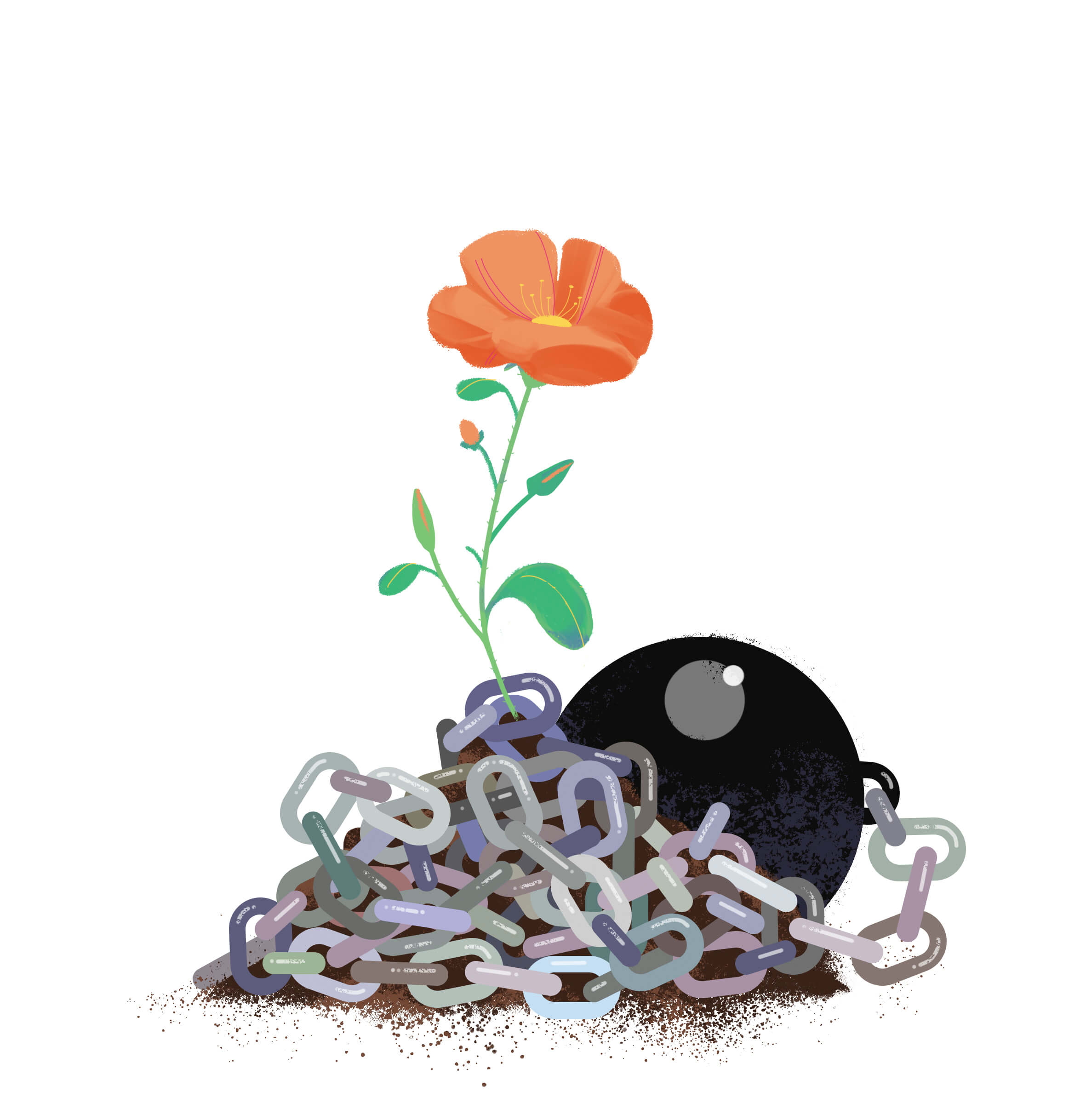 A fragile, thin flower chained in a pile of heavy iron.