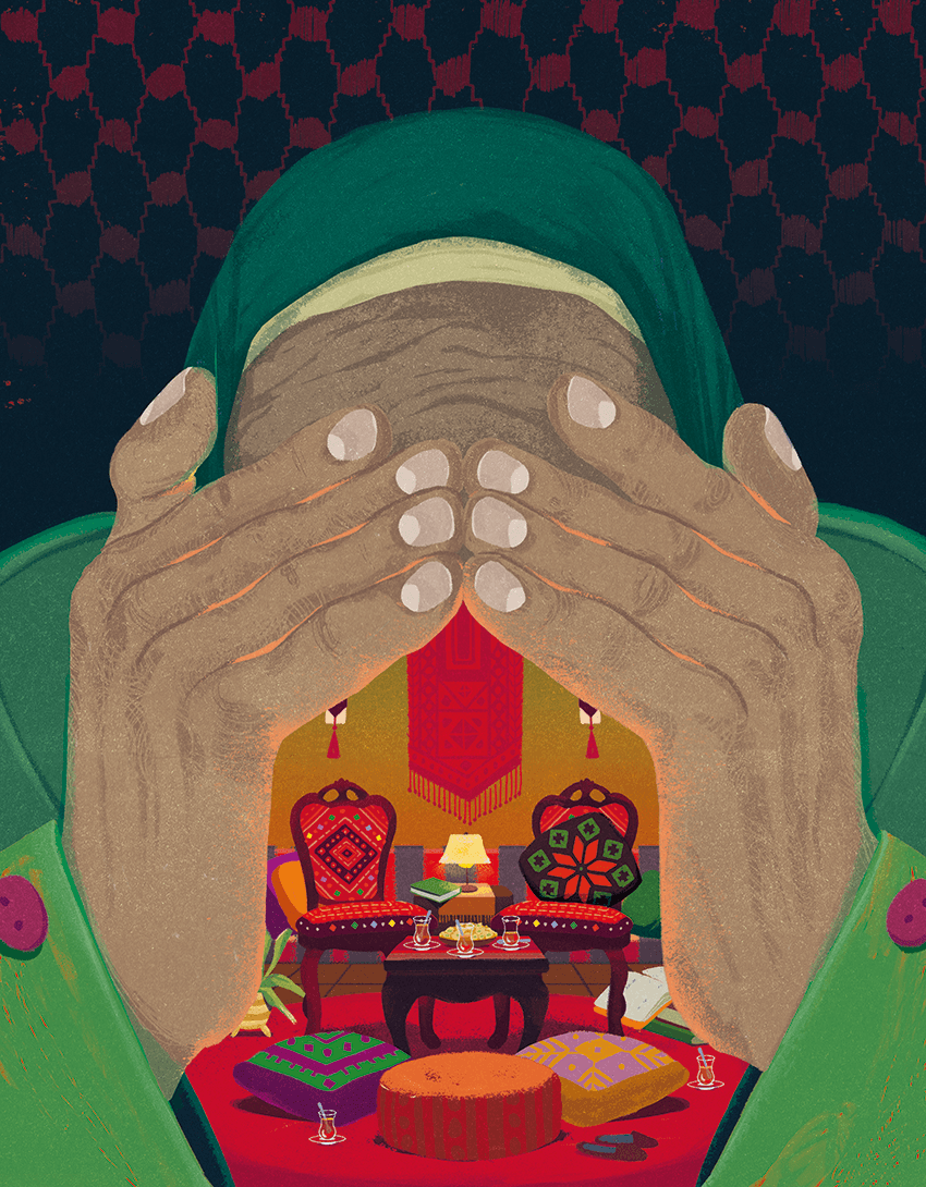 A close up portrait of an old woman wearing a hijab, covering her eyes against a dark background. Inside the house-shaped empty space created by her hands, instead of her face, we see a cosy interior of a house, with two chairs, pillows on the ground, tea, books and cookies.