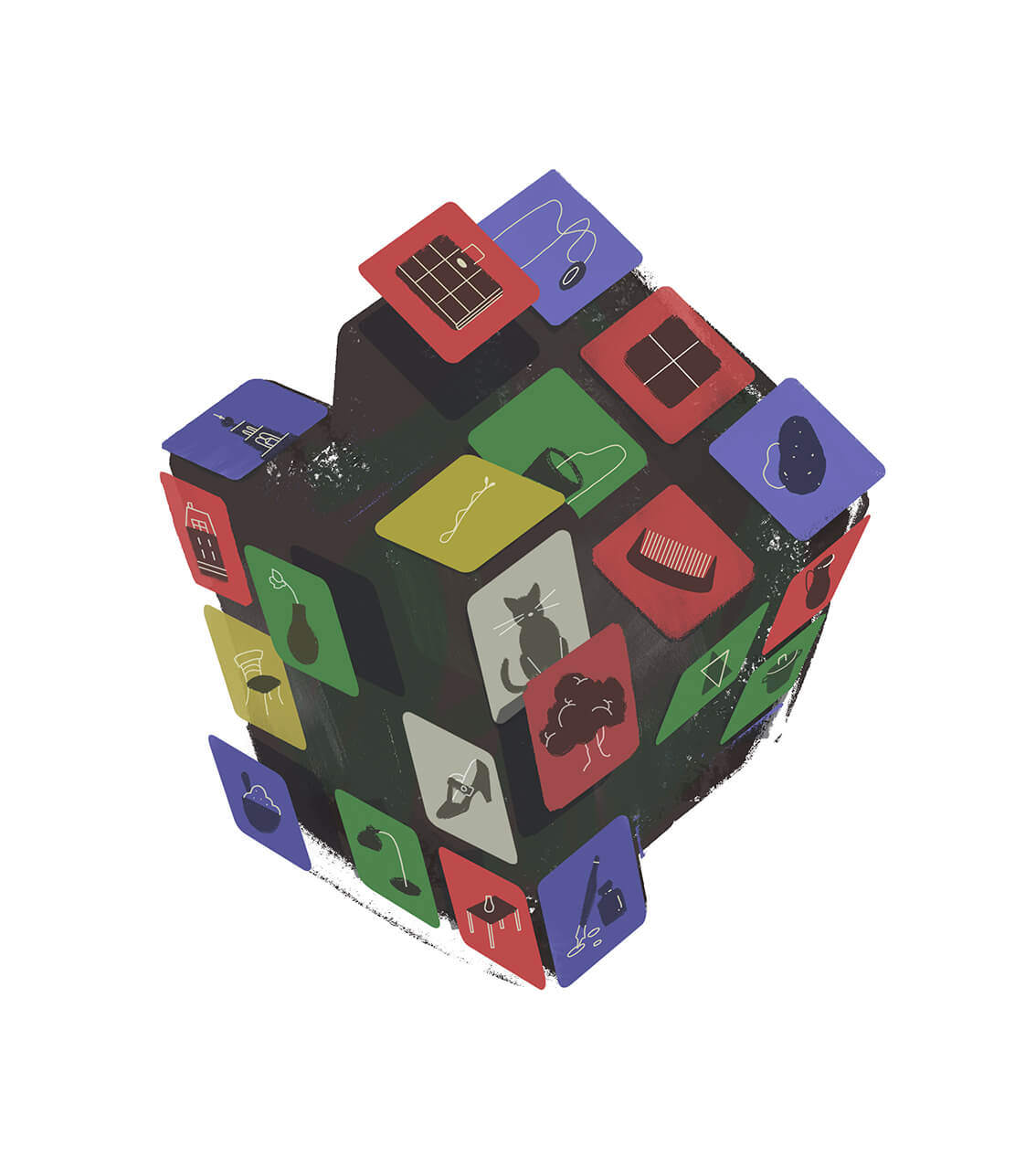 A rubik cube with all of the clues painted on the little squares